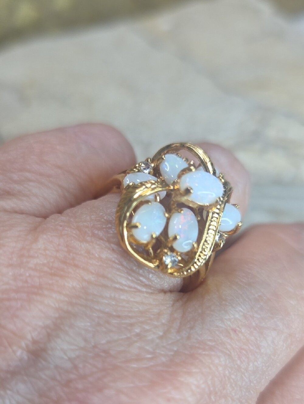 Vintage 12K Gold Filled Opal Cluster Ring - White Opal Floral Design 8 - Picture 4 of 8